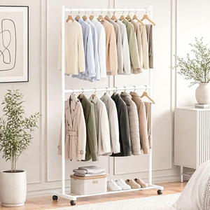Double Tier Clothing <b>Rack</b> With Wheels Metal Storage Holder Minimalist <b>Wardrobe</b> Stand for Clothes Organization - Product Image 2