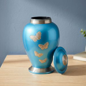 Blue Aluminum Cremation Urn <b>Keepsake</b> <b>Ashes</b> Memorial Cinerary Vase Butterfly Decorative Funeral Decor - Indian Home Crafts - Product Image 1