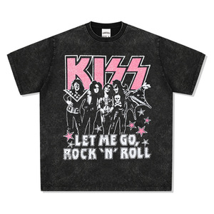 <strong>Kiss</strong> Rock Band Oversized Knitted T-Shirt with Round Neck Short-Sleeved Pink Label 'Let Me Go' Mask Design - Product Image 1