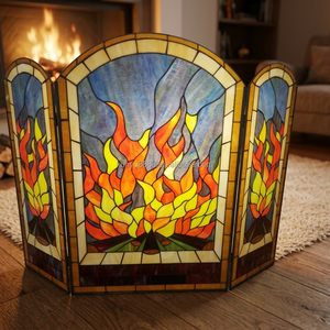 Paravent de cheminée en vitrail, 3 panneaux, motif flamme, verre décoratif traditionnel, pour salon, autoportant, forme cathédrale - Product Image 1