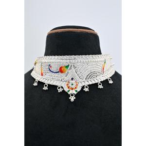 Ethnic <b>Silver</b> Plaster Chokar Set Necklace with Colorful Enamel Design Vintage Women's Wedding Gift 925 <b>Silver</b> Jewelry - Product Image 4