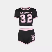 Ensemble 2 pièces sport personnalisé à couleurs contrastées et lettres imprimées Top court à col rond pour femmes Mini short extensible skinny Combinaison active en polyester