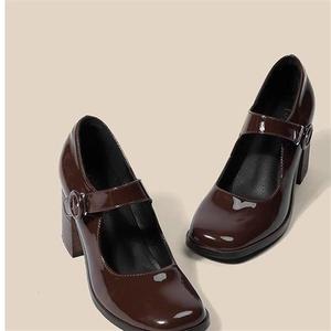 High Heels New Shoes Women PU Vintage Black Line With Chunky Heel Square <b>Toe</b> Single Shoes - Product Image 2