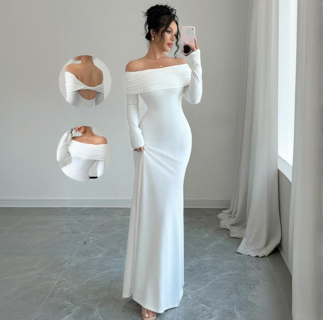 Elegant Off Shoulder Long Sleeve White Maxi Dress Women Backless Bodycon  Evening Gown for Party Wedding| Alibaba.com
