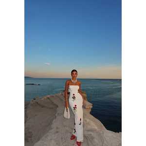 Vestido de Fiesta Blanco Onella con Cuello Alto, Mangas Cortas, Decoración Floral, Estilo Formal, Talla XS, Apto para Embarazadas - Product Image 6