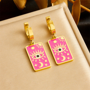 Vintage Square Eye Of God Pendant Double Layer Necklace Earrings Set With Star Moon Chain Women's Jewelry Gift - Product Image 3