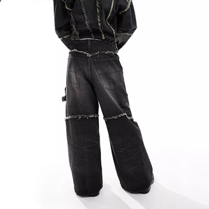 Pantalon en jean noir dégradé unisexe surdimensionné, style streetwear, déchiré, patchwork, jambes larges, vintage, délavé - Product Image 4