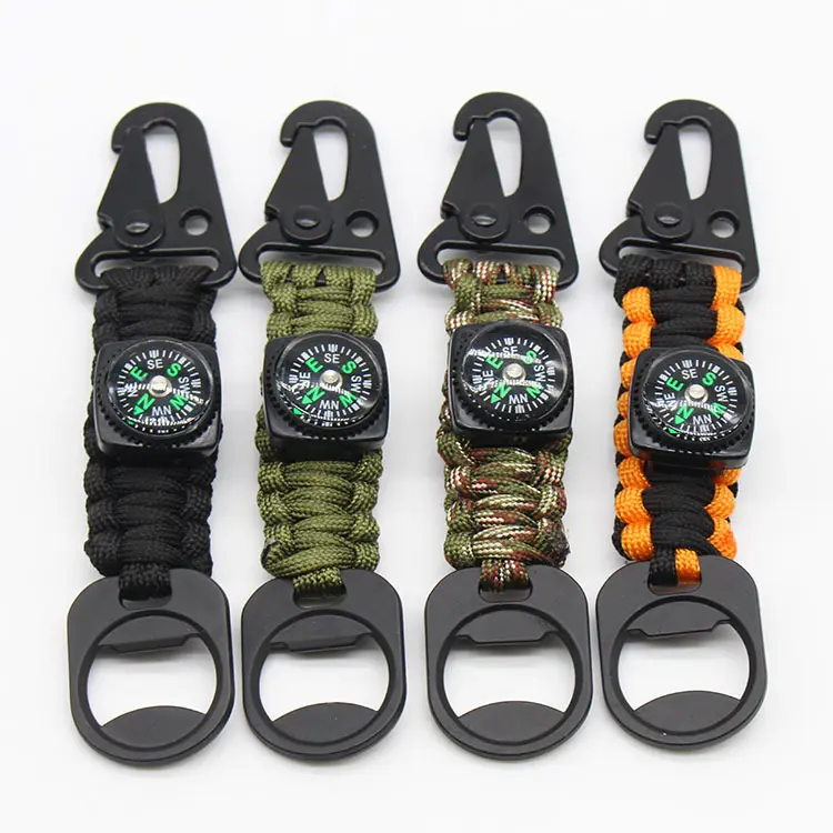 Outdoor 4 in 1 EDC tool survival 550 nylon paracord keyrings with compass and bottle opener