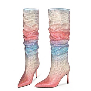 Bottes hautes pour femmes avec strass colorés et diamants mélangés, chaussures sexy à bout pointu et talon aiguille, bottes longues pour femme, grande taille 47, bottines - Product Image 3