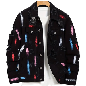 Veste en jean déchiré d'hiver pour hommes Col montant avec logo sur le devant High Street Casual Fashion Outerwear - Product Image 1