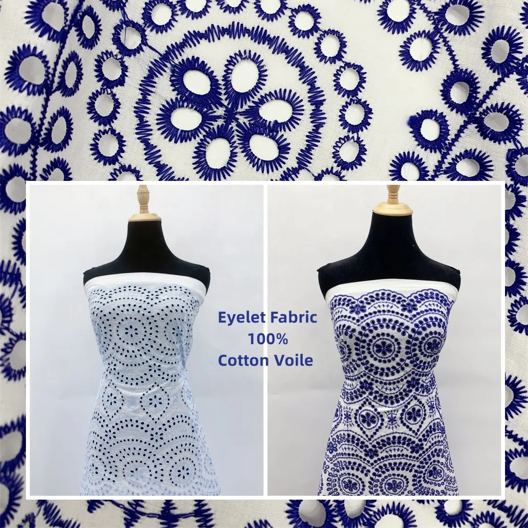 Hot Sale White/Blue Geometric Embroidered Cotton Eyelet Fabric With Scalloped Edge for Making Dress SS220309-EMB25