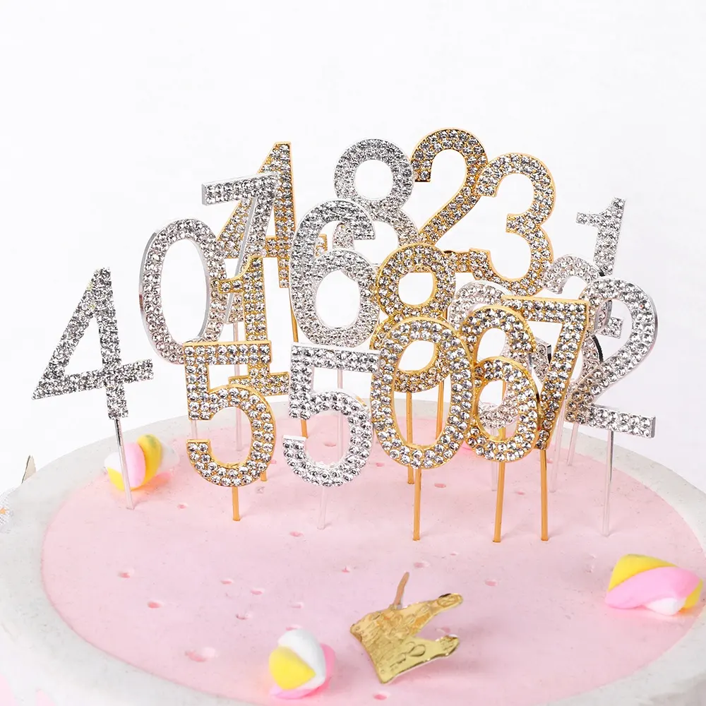 0-9 골드 다이아몬드 반짝이 합금 라인 석 번호 케이크 토퍼 디저트 기념일 생일 파티 장식 웨딩 용품