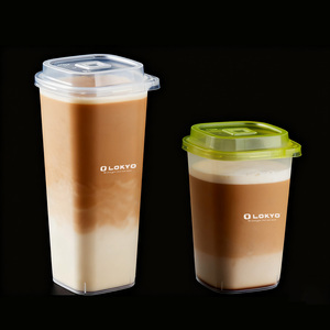أكواب شاي الفقاعات البلاستيكية المربعة كبيرة الحجم من LOKYO بشعار مخصص، أكواب عصير سموثي للاستخدام مرة واحدة سعة 12 أونصة و16 أونصة مع غطاء - Product Image 1