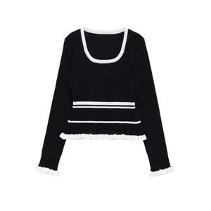 Pull en maille tricoté chic rétro à col carré et coutures, nouvelle collection automne 2025 pour femme, 100 % polyester, manches longues - Product Image 5