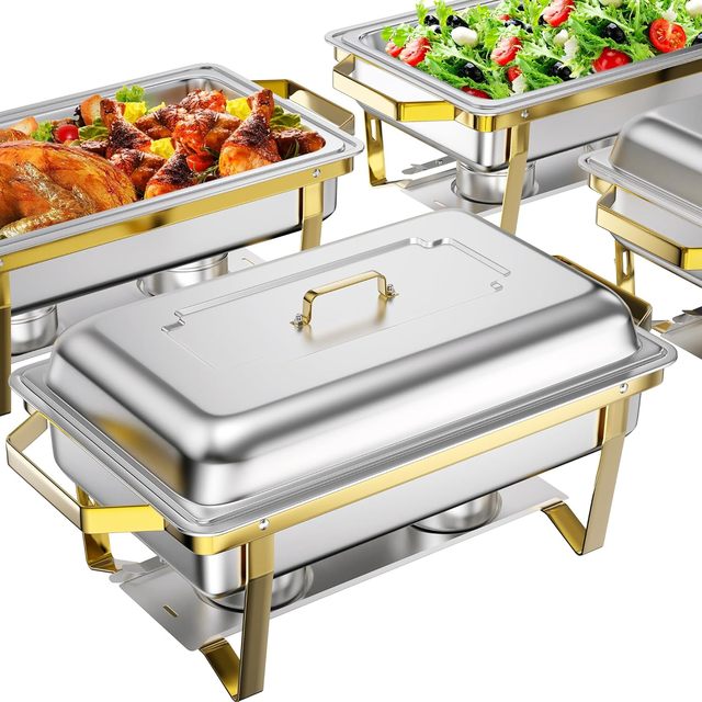 Luxury Polished Silver Gold Rectangle Stainless Steel Chafing Dish Buffet Set with Food Warmer for Parties & Hotels