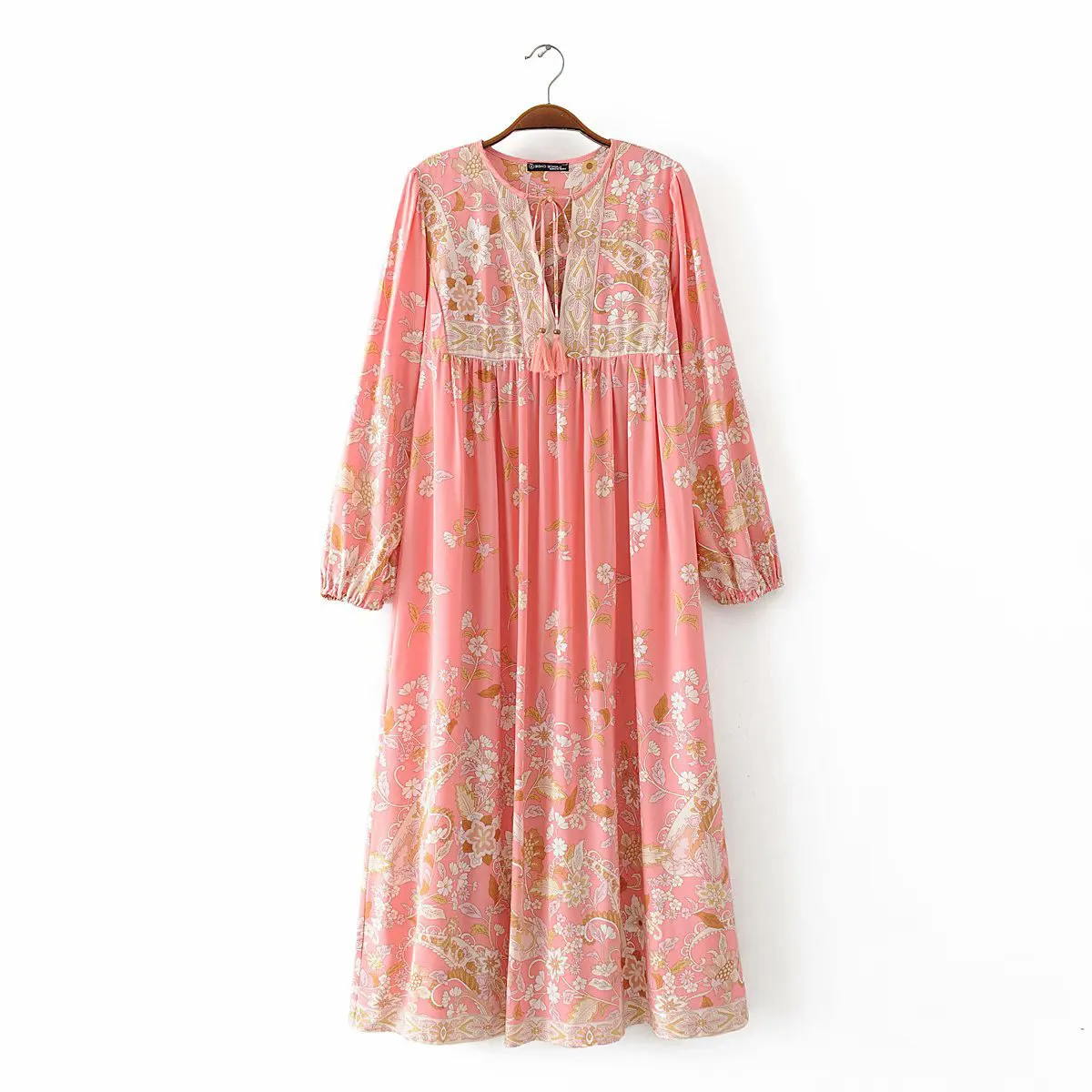 Bohemian Holiday Style Sommer Neues Damen kleid Lady Floral bedrucktes Rayon Cotton Full Sleeves Long Maxi Dress