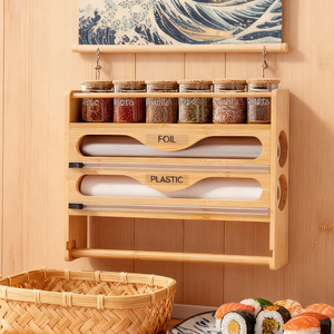 Bamboo Wall Storage Rack With Spice Jars <b>Foil</b> Plastic Wrap Holder Kitchen Organizer Mountable For Home Use - Product Image 3