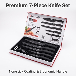 Ensemble de 6 couteaux de cuisine SwissGold avec revêtement en pierre de Maifan noire, avec éplucheur, boîte cadeau - Product Image 6