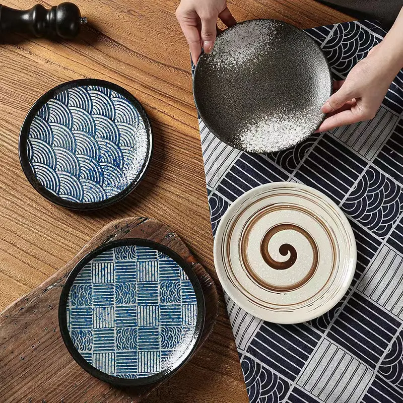 Classical Japanese Style Wave Lattice Pattern 7 Inch Rice Bowl Noodle Glaze Ceramic Dinner Plate Ceramic Deep Plate