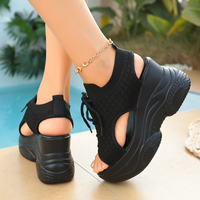 Sandales compensées pour femmes, style Dad, avec empeigne en tricot, à lacets, semelle épaisse, bout ouvert, chaussures décontractées tendance pour l'été
