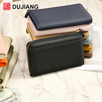 Dompet Panjang Wanita DUJIANG Kulit Asli Ber-resleting Warna Solid Fashion Multi-Kartu Untuk Penggunaan Sehari-hari Model 2175