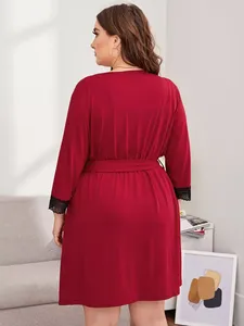 Bán Chạy Áo Choàng Mềm Màu Đỏ Xám Đồ Ngủ Áo Choàng Nữ Ngoại Cỡ Vải <span class=keywords><strong>Rayon</strong></span> Dệt Kim Dài Tay Viền Ren - Product Image 3