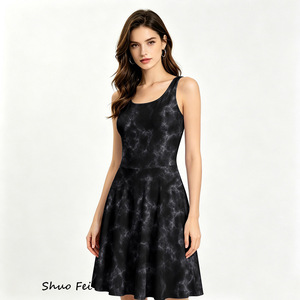 <span class=keywords><strong>Robe</strong></span> Skater sans Manches pour Femme, Imprimé Numérique Marbre <span class=keywords><strong>Noir</strong></span> Fumé, Coupe Évasée Trapèze, <span class=keywords><strong>Robe</strong></span> d'Été Élégante, Mini-<span class=keywords><strong>Robe</strong></span> Graphique Quartz Foncé - Product Image 1