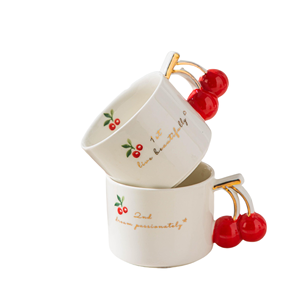 Tasse à thé en porcelaine cerise peinte à la main en 3D, écologique, plaquée or, pour le thé de l'après-midi - Product Image 1