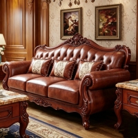 Klassisches Amerikanisches Echtleder-Sofa-Set Massivholz Handgeschnitztes Sofa Villa Wohnzimmer Heim-Möbel