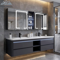 Meuble-lavabo double vasque moderne mural avec miroir LED intégré, en contreplaqué étanche, certifié CE