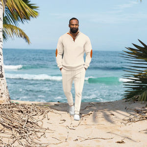 Conjunto de Camisa de Manga Corta y Pantalón Largo para Hombre, Verano 2025, Tejido Waffle, Cierre de Cuatro Botones, Bolsillo, Estilo Deportivo, Secado Rápido, Poliéster/Algodón - Product Image 3