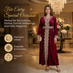 Velvet <b>Patchwork</b> Abaya Dress for Women Slim Waist Vintage Formal Evening Gown Supplier - Product Image 4