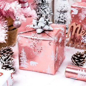 <b>Pink</b> double-sided Christmas tree fox and polar <b>bear</b> patterns Christmas candies coated aluminum gift wrapping paper - Product Image 2