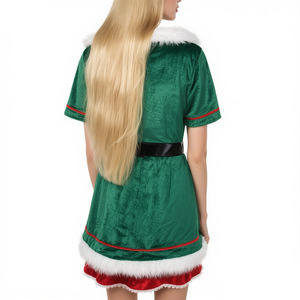 Disfraz de elfo navideño para mujer, vestido de terciopelo con sombrero y cinturón, traje sexy rojo y verde para fiesta navideña - Product Image 4