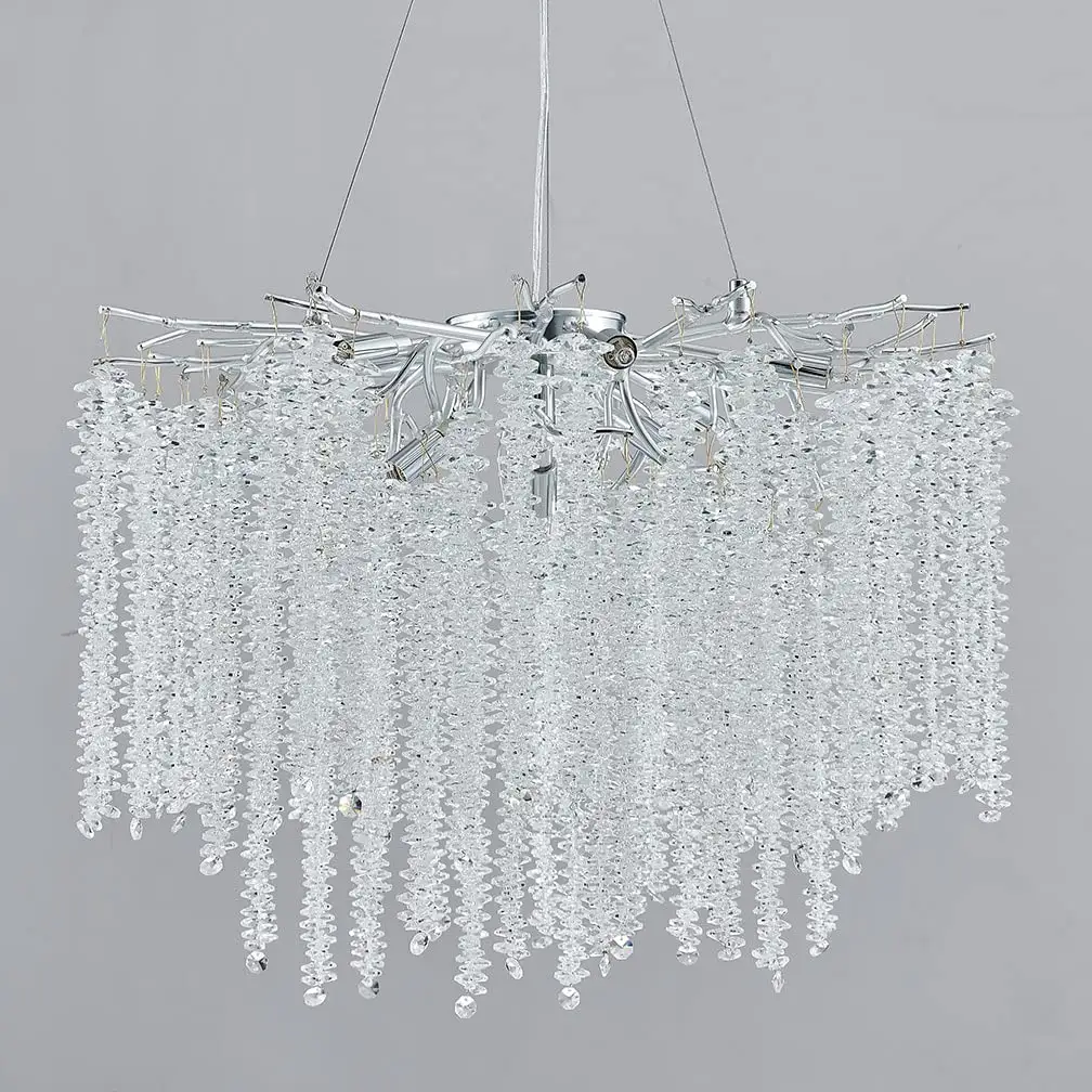 31.5in American light luxury silver aluminum twig K9 crystal tassel light fixture for bedroom living room large chandelier