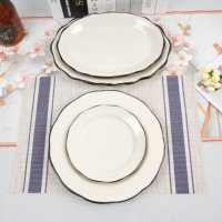 Assiettes de Dîner et Plat Ovale en Céramique Festonnée, Service de Table en Grès Ivoire à Bordure Noire pour Restaurant