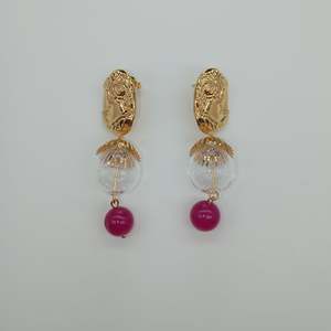 Fashion Drop <b>Earrings</b> PVD Gold Plated 316L Stainless Steel Sustainable Resistant Pink Bead Design - Product Image 1