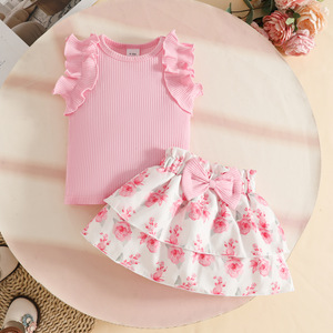 Set di Abbigliamento OEM ODM per Bambina con Top Senza Maniche in Pizzo Plissettato e Gonna a Doppio Strato con Fiocco - Product Image 2
