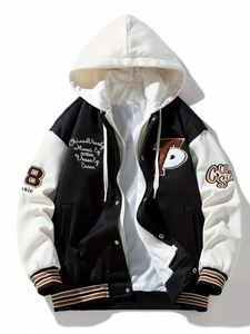 Chaqueta de Béisbol Casual con Bloques de Color y Bordado a Rayas - Chaqueta Varsity con Capucha y Manga Larga para Hombre - Product Image 2
