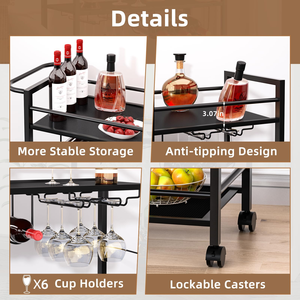 Commercial Grade Metal Bar <b>Cart</b> Multi Tier Storage & Wine Holder Black Steel Frame <b>Rolling</b> Trolley for Restaurants Bars Hotels - Product Image 3