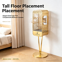 Cage à oiseaux de grande taille robuste avec support, panneau décoratif en feuille découpée au laser doré, façade en acrylique transparente, de qualité supérieure pour l'intérieur