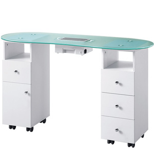 Mesa de manicura Dongpin con superficie de vidrio templado, cajones y ruedas para uso en salón - Product Image 1
