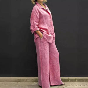FTS <b>Linen</b> Blend Casual Everyday Button-Up Shirt & Wide Leg Pants <b>Two</b>-<b>Piece</b> Set with DDP Shipping & 1688 Buying Service - Product Image 3