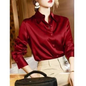 Kemeja Satin 2025 untuk wanita, kemeja lengan panjang berat, blus atasan tekstur kelas atas Eropa dan Amerika - Product Image 6