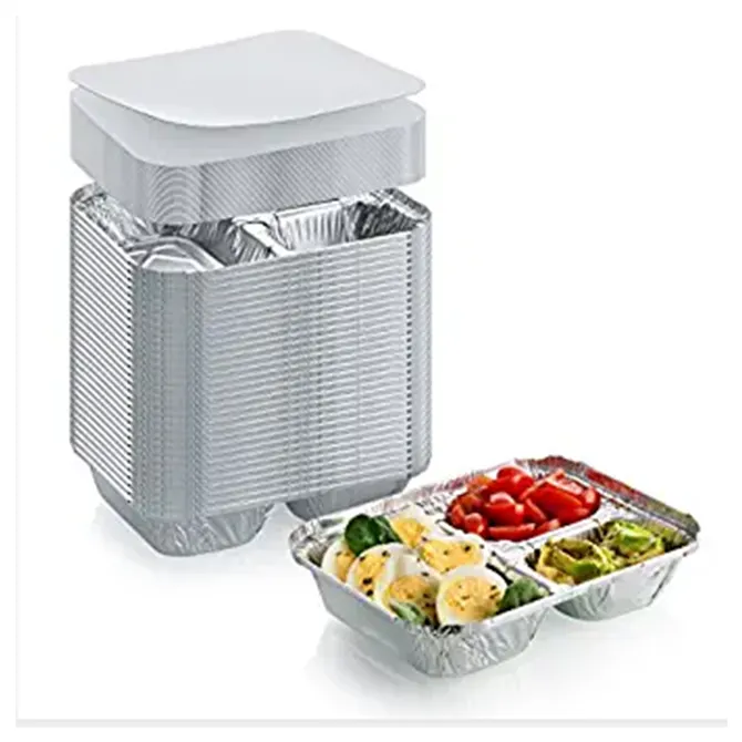 Bandeja descartável de alumínio para embalagens, bandeja descartável de folha de alumínio com tampas para empacotamento de alimentos com 3 compartimentos