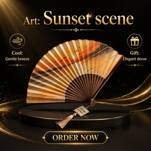 Éventail pliant en bambou de 33 cm, motif artistique Coucher de soleil, fait main, éventail à claquettes, paysage doré, souvenir cadeau - Product Image 5
