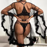 Nouvelle Robe de Nuit Transparente en Maille avec Manches en Fourrure, Couleur Unie Sexy et Respirante