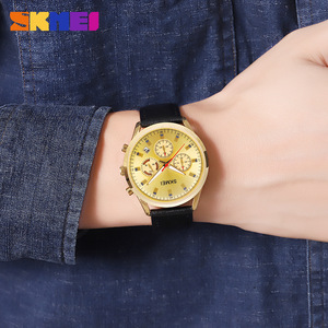 Skmei Men's Quartz Watch Chronograph Calendar Water Resistant Leather Strap Gold Case Black Dial - Product Image 4