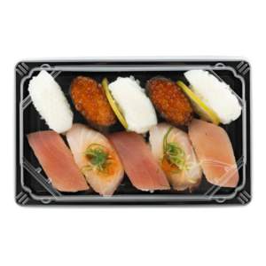 Venta al por mayor Premium desechable de dos piezas PS envases de plástico para sushi restaurante Sushi bandeja 12 oz / 360cc tapa transparente para alimentos fríos - Product Image 5