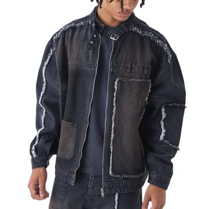 Chaqueta Moto Negra Oversize con Lavado Ácido y Efecto Desgastado, 100% Poliéster, Sin Cuello, con Patrón de Letras, Servicio OEM para Hombre - Product Image 1